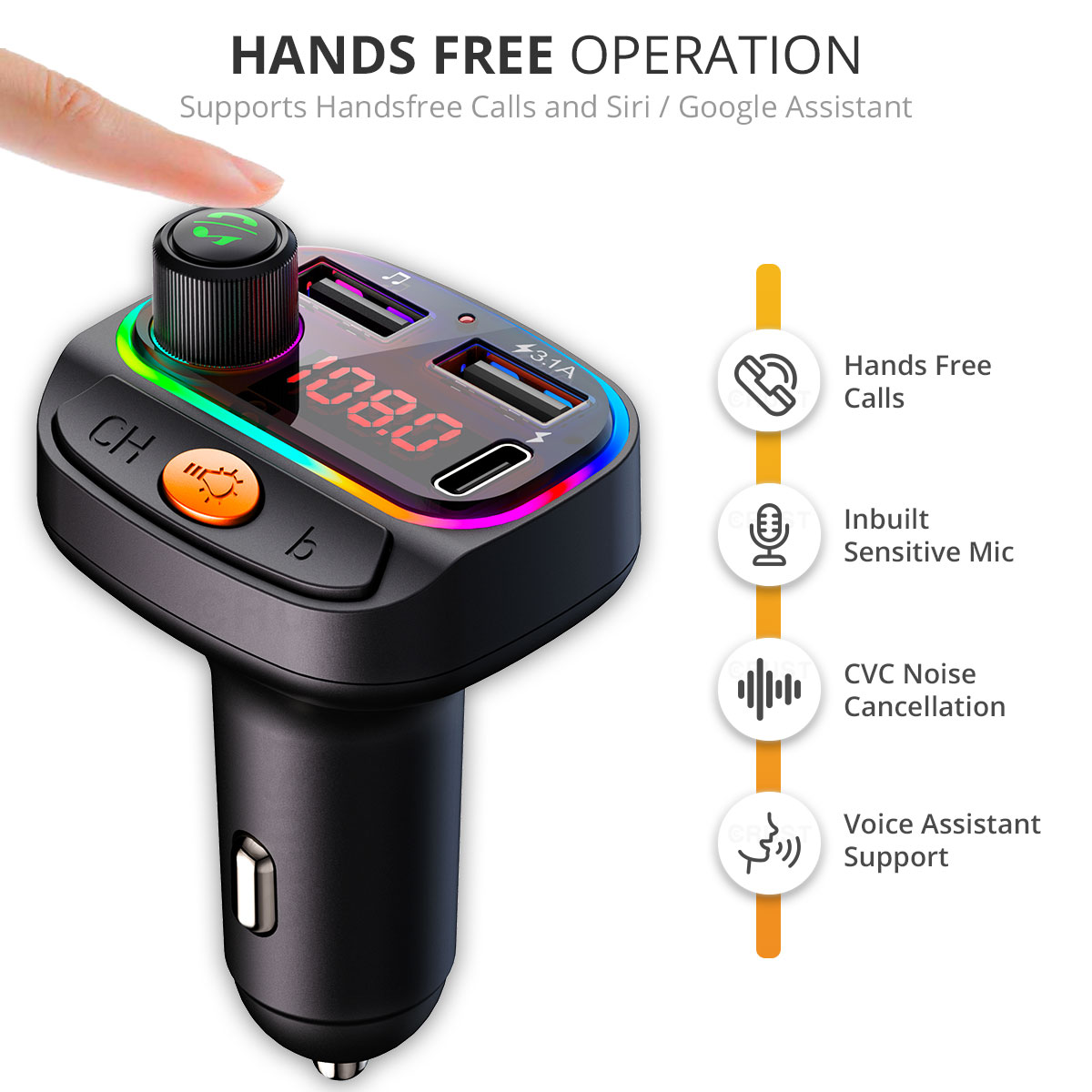 Crust CS30 Car Bluetooth FM Transmitter with Dual USB + Type C Fast Car  Charger