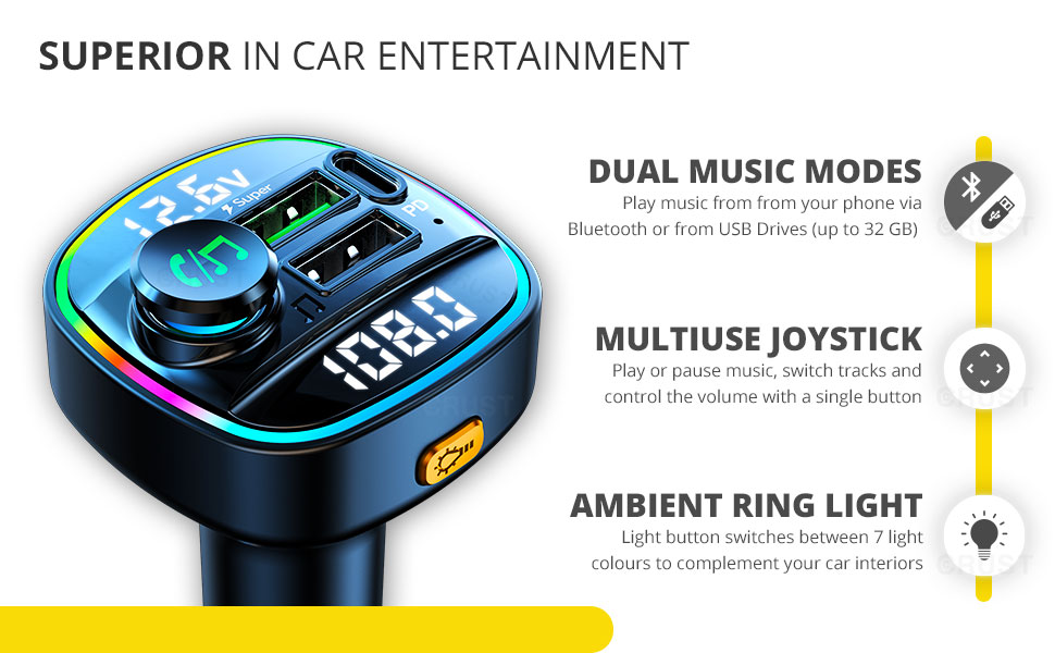 Crust CS45 Car Bluetooth FM Transmitter with PD + QC3.0 Fast Car Charger