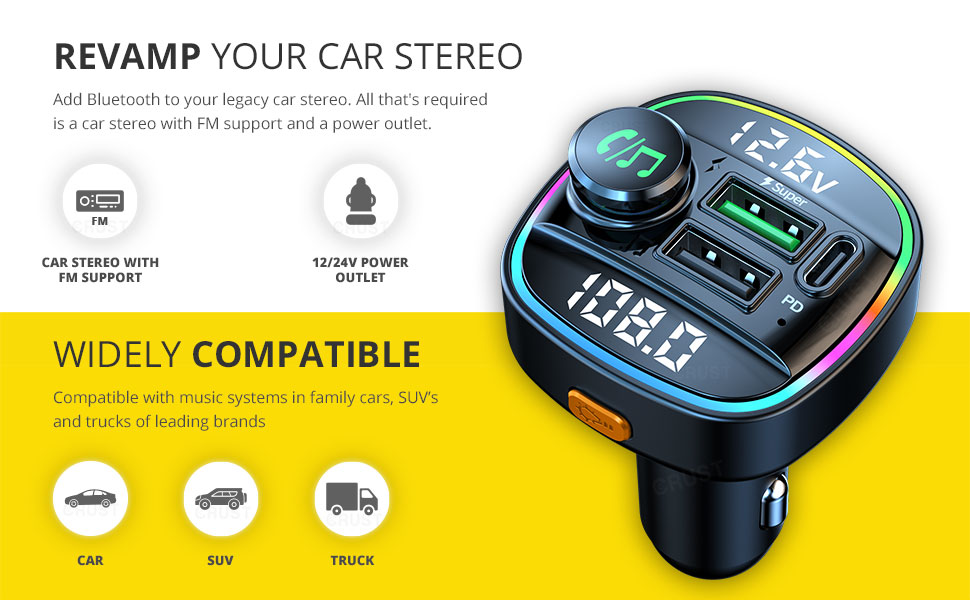 Crust CS45 Car Bluetooth FM Transmitter with PD + QC3.0 Fast Car Charger