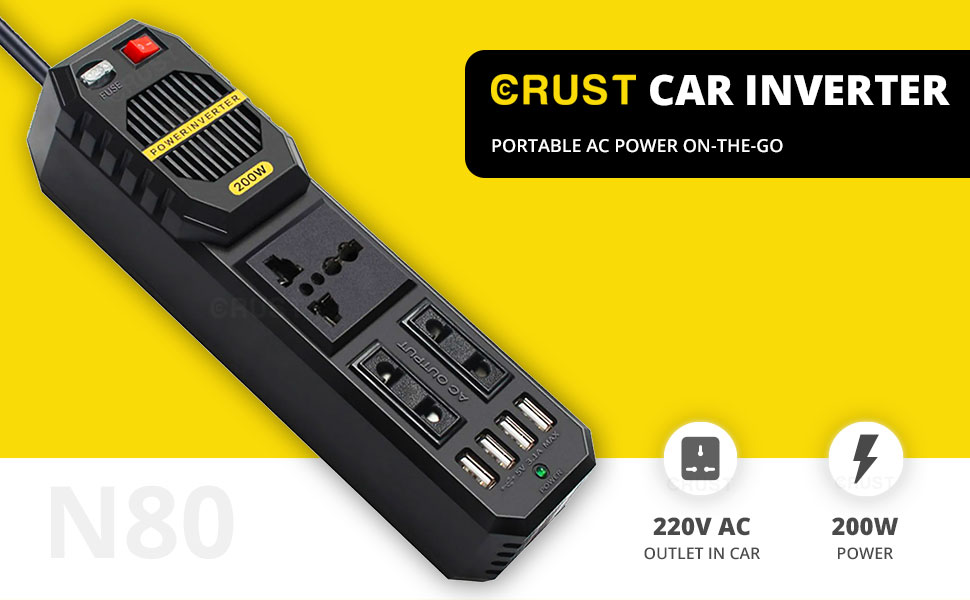 CRUST N80 Car Power Inverter 200W; 12V DC to 220V AC; Car Laptop Charger with 3 AC Outlets and 4 USB Ports